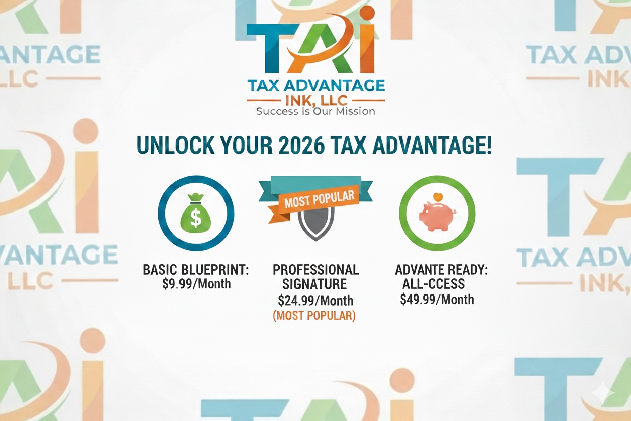 Promotional graphic for Tax Advantage, Ink, LLC, features three tax service plans: Basic Blueprint for $9.99/month, Professional Signature for $24.99/month (most popular), and Advance Ready All-Access for $49.99/month. The graphic includes the company's logo and slogan, "Success Is Our Mission."