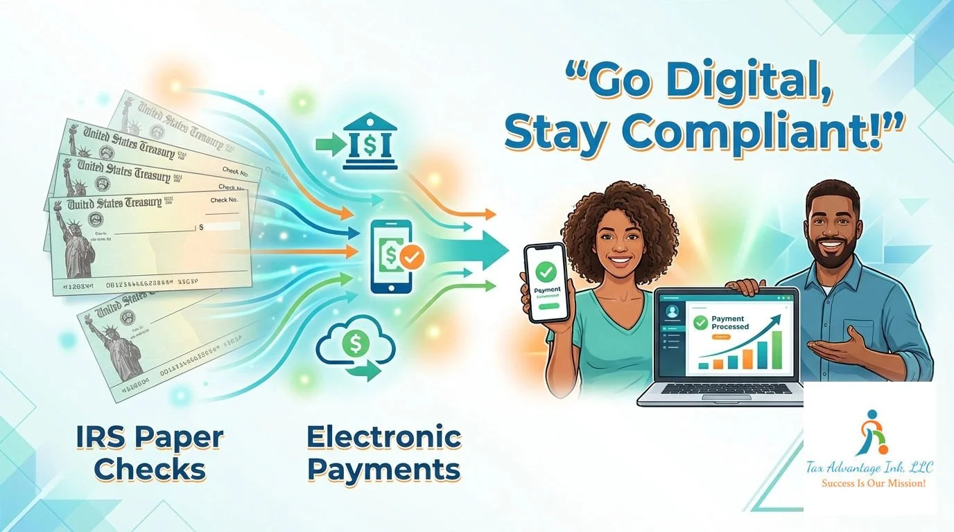 A digital illustration promoting the message 'Go Digital, Stay Compliant!' with IRS paper checks transforming into electronic payments. The illustration shows paper checks on the left, with arrows pointing to digital payment icons and a phone and clo