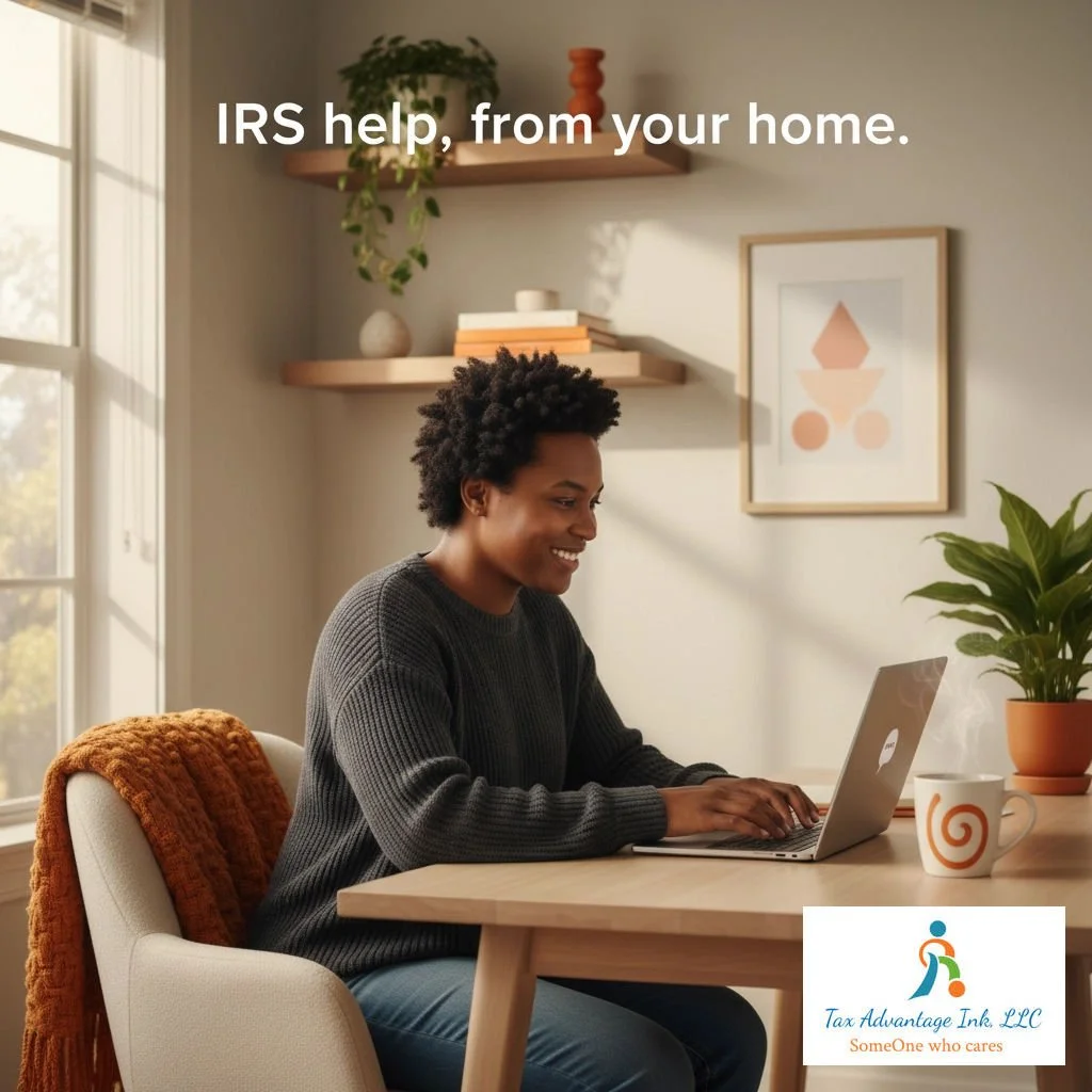 A woman sitting at a desk using a laptop in a well-lit home office with a plant on the desk, a cup, and framed artwork on the wall. Text overlay says, 'IRS help, from your home.' Logo and tagline for Tax Advantage Inc. LLC in the corner.