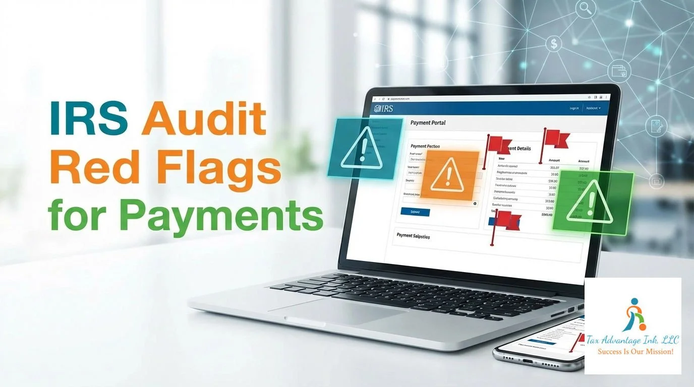 The image shows a laptop and a smartphone on a white surface with digital graphics. The laptop screen displays an IRS Payment Portal with red and green warning icons. Text on the image reads "IRS Audit Red Flags for Payments." There is a logo of Tax 