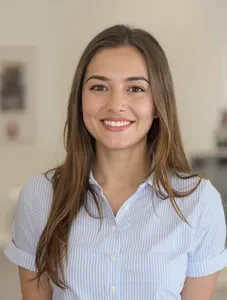 A young woman with long brown hair wearing a light blue button-up shirt, smiling indoors.