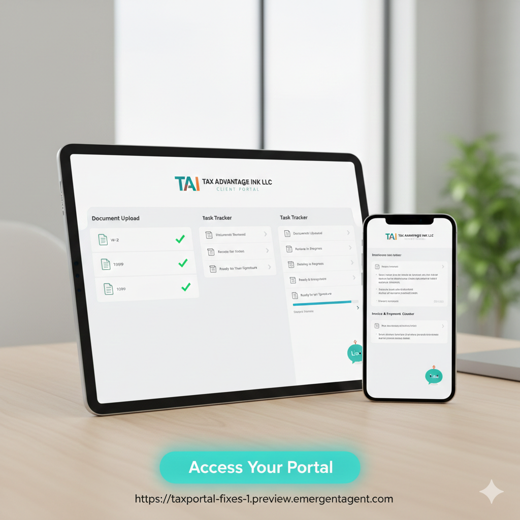 Tablet and smartphone displaying the Tax Advantage Ink LLC client portal with document upload and task tracker features, on a wooden desk with a blurred background. Text overlay says 'Access Your Portal' with a URL below.