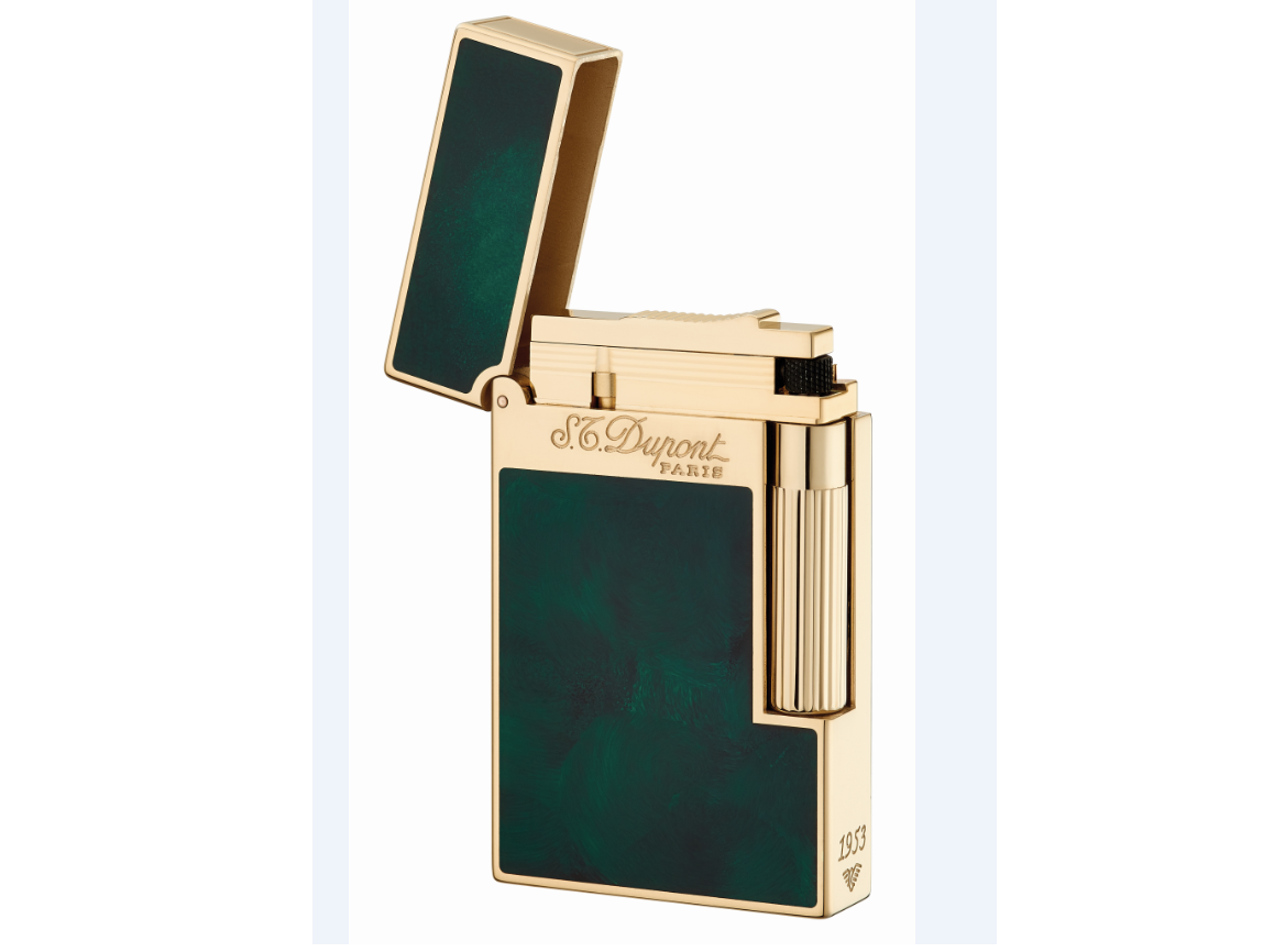 S.T. DUPONT ATELIER YELLOW GOLD FINISH NATURAL LACQUER LIGHTER EMERALD