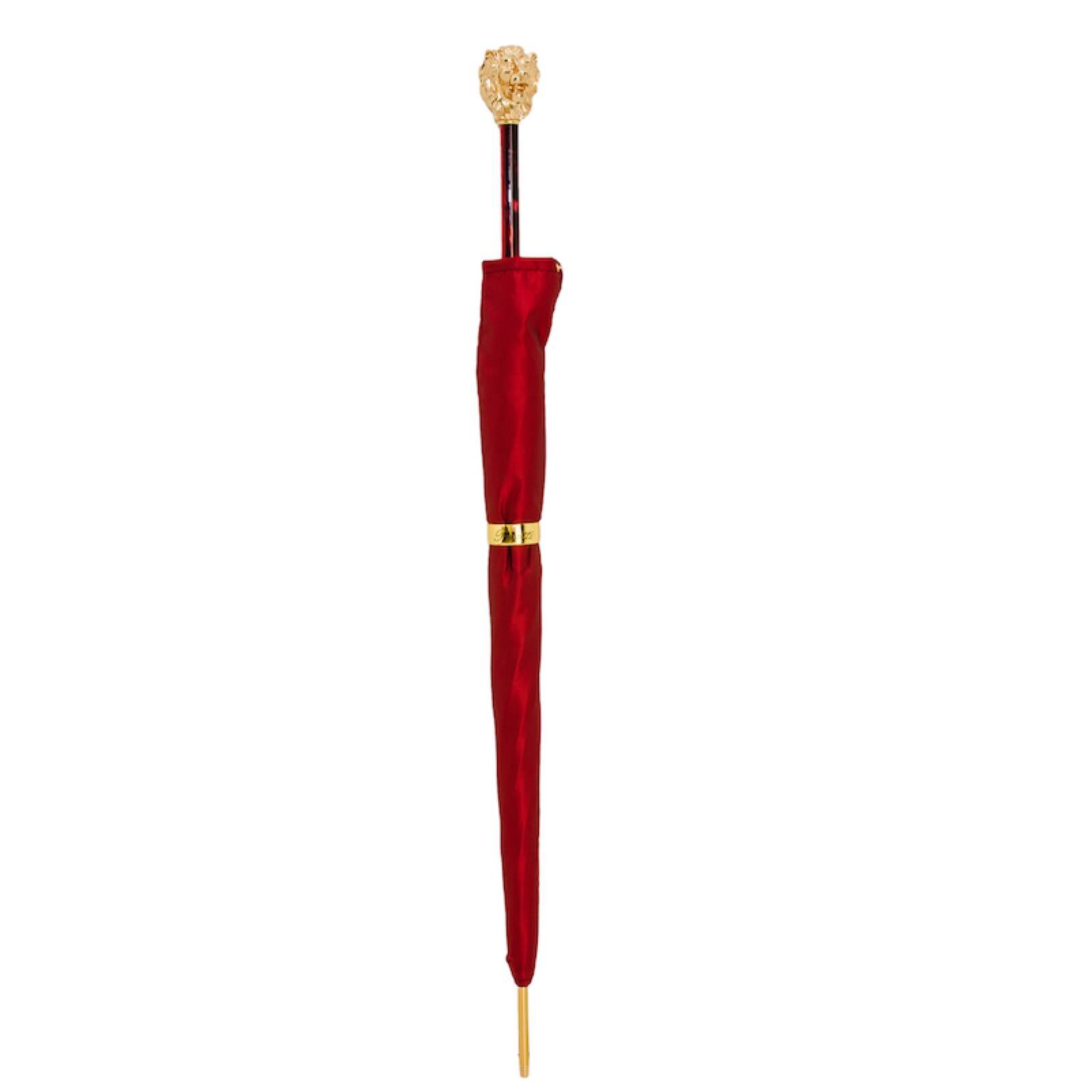 RED UMBRELLA WITH GOLD LION HANDLE, WITH CASE AND RING