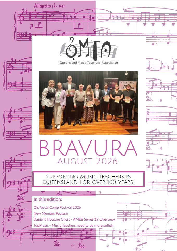 Cover page of a magazine titled 'Bravura' with the subtitle 'August 2026,' featuring a group photo of people on stage holding certificates, and a background of musical notation in purple.