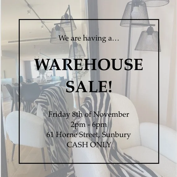 We are so excited for another warehouse sale ✨

We are wanting to clear out some stock to make way for new arrivals ! We will have LOTS of artwork available, furniture items, decor and cushions priced to clear ! 

Keep an eye on our stories in the co