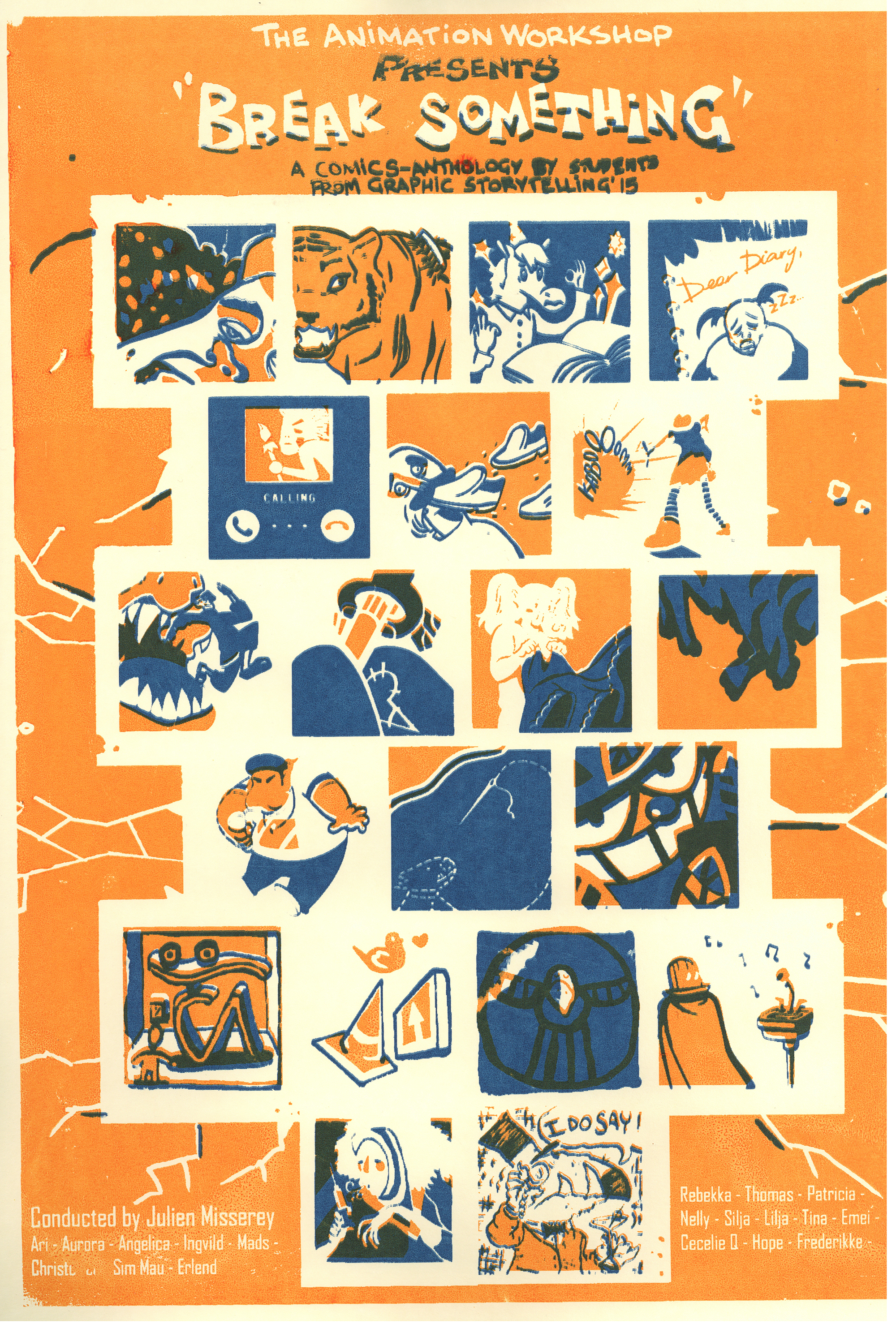 Screen printed poster done as part of a workshop with June Misserey. The class created a comics anthology and each of us designed a panel representing our comic in the anthology. Then My classmate Thorbjørn Petersen designed a poster. A couple of people from class (me included) then screenprinted 30 copies of the poster. 