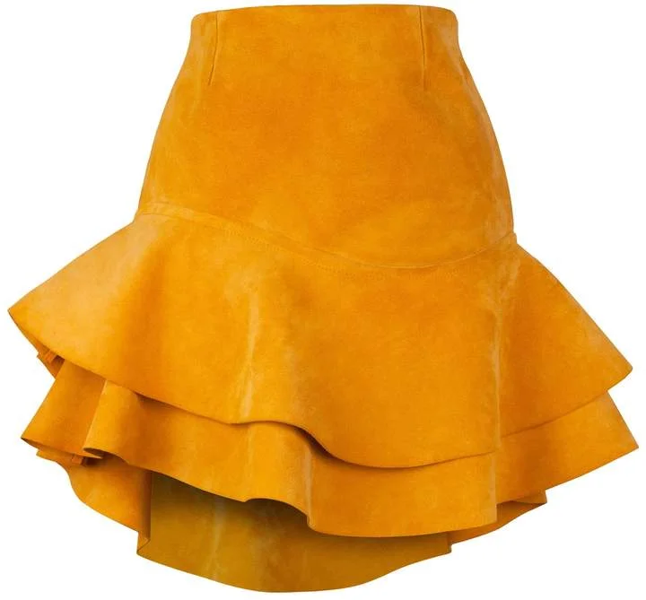 Last but certainly not least, let's hear it for this suede skirt that you are sure to keep for years. This style works easily for any woman who doesn't carry her weight in her stomach. But, if you love it and you DO carry your weight in your stomach. Add a heel, shaper and an eye catching top to pull it all together. I like a print long sleeve silk top with a neck tie as a start. Siobhan Molloy Lashes Tangerine Calf Suede Skirt. Wolf & Badger. Was: $524. Now: $262.