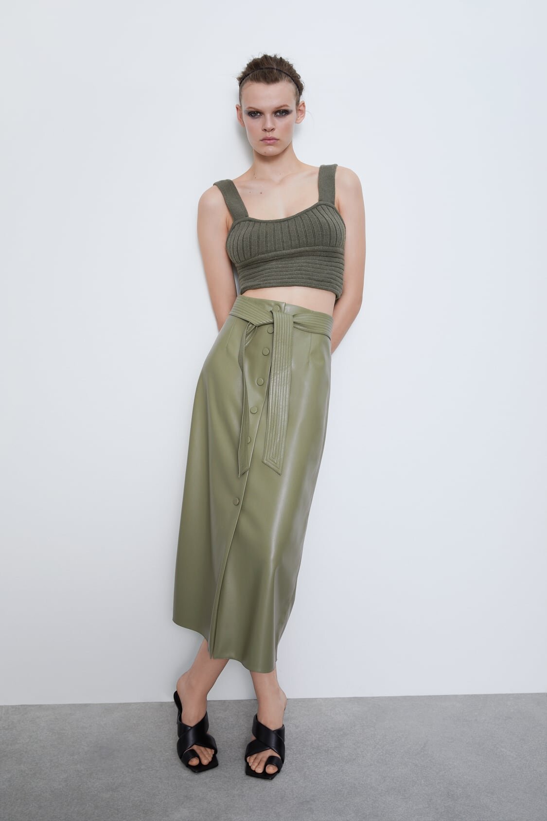 Olive Green Belted Vegan Leather Midi Skirt