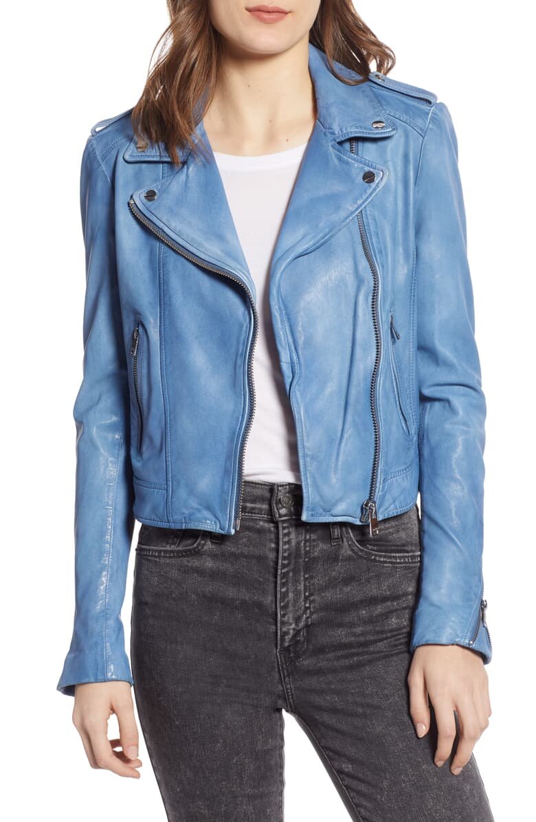 Light Blue Leather Moto Jacket
