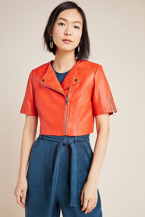 Red Cropped Leather Short Sleeve Jacket