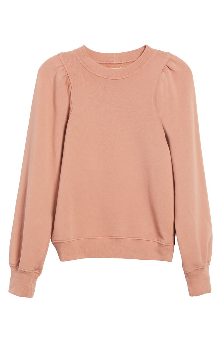 A puffy sleeve sweatshirt is feminine and cozy.