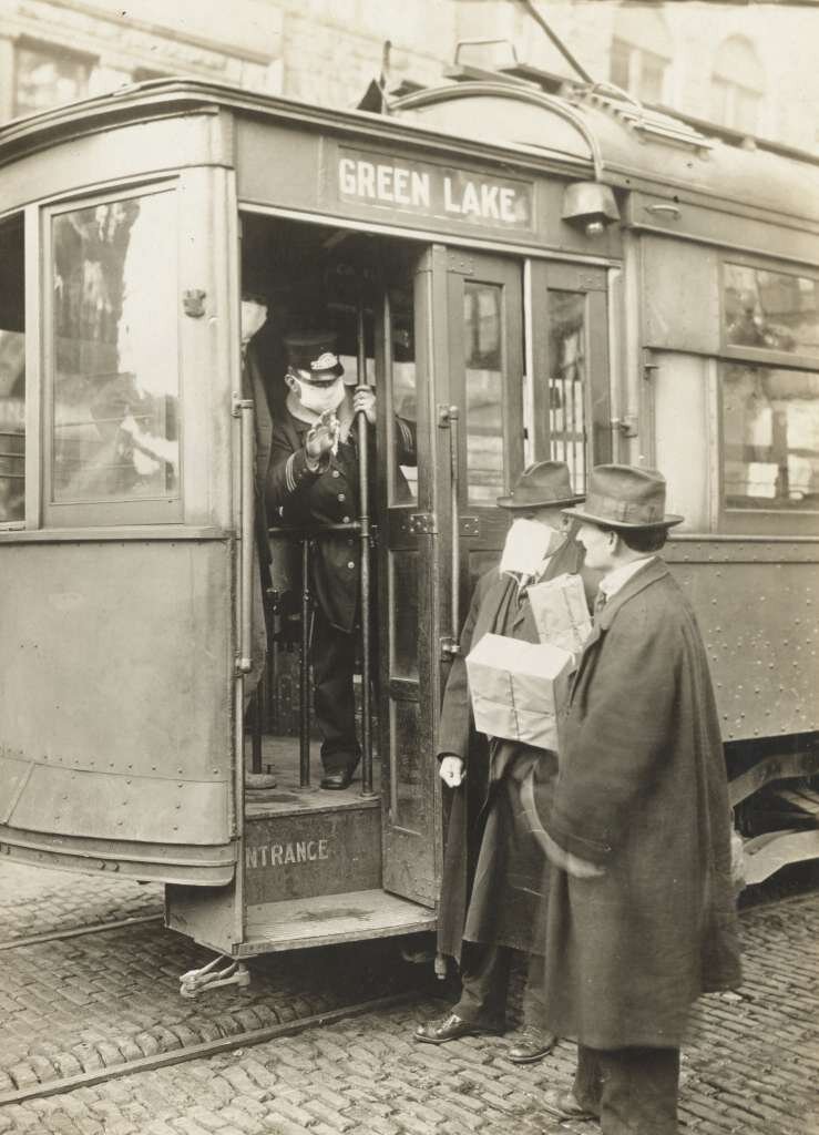Flu precautions taken in Seattle during the Spanish Influenza epidemic meant no one to ride the street cars without wearing a mask.