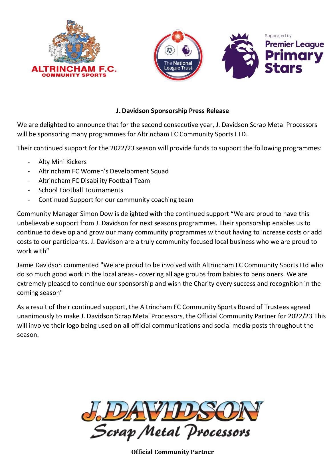 Official Altrincham Community Sports Partners for 2022/23 - J