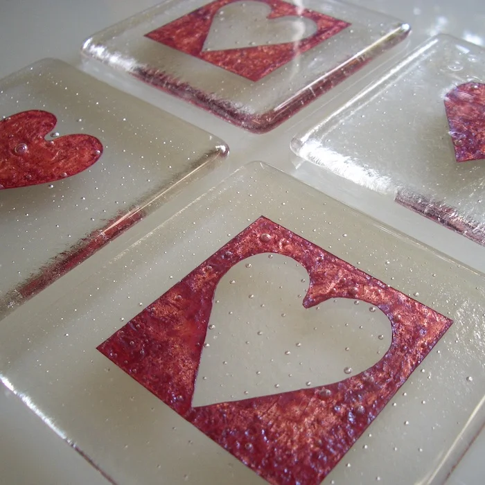 'Glass Copper Inclusion Heart Coasters'
