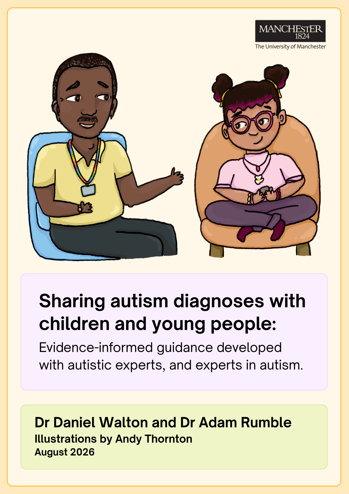An older black queer professional speaks to a young brown femme with bunchies holding a stim toy, the title reads sharing autism diagnoses with children and young people