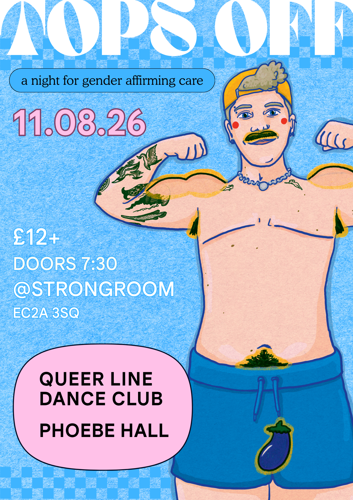 a vintage style poster of a trans man with is top off advertising a fundraising evening for gender affirming care
