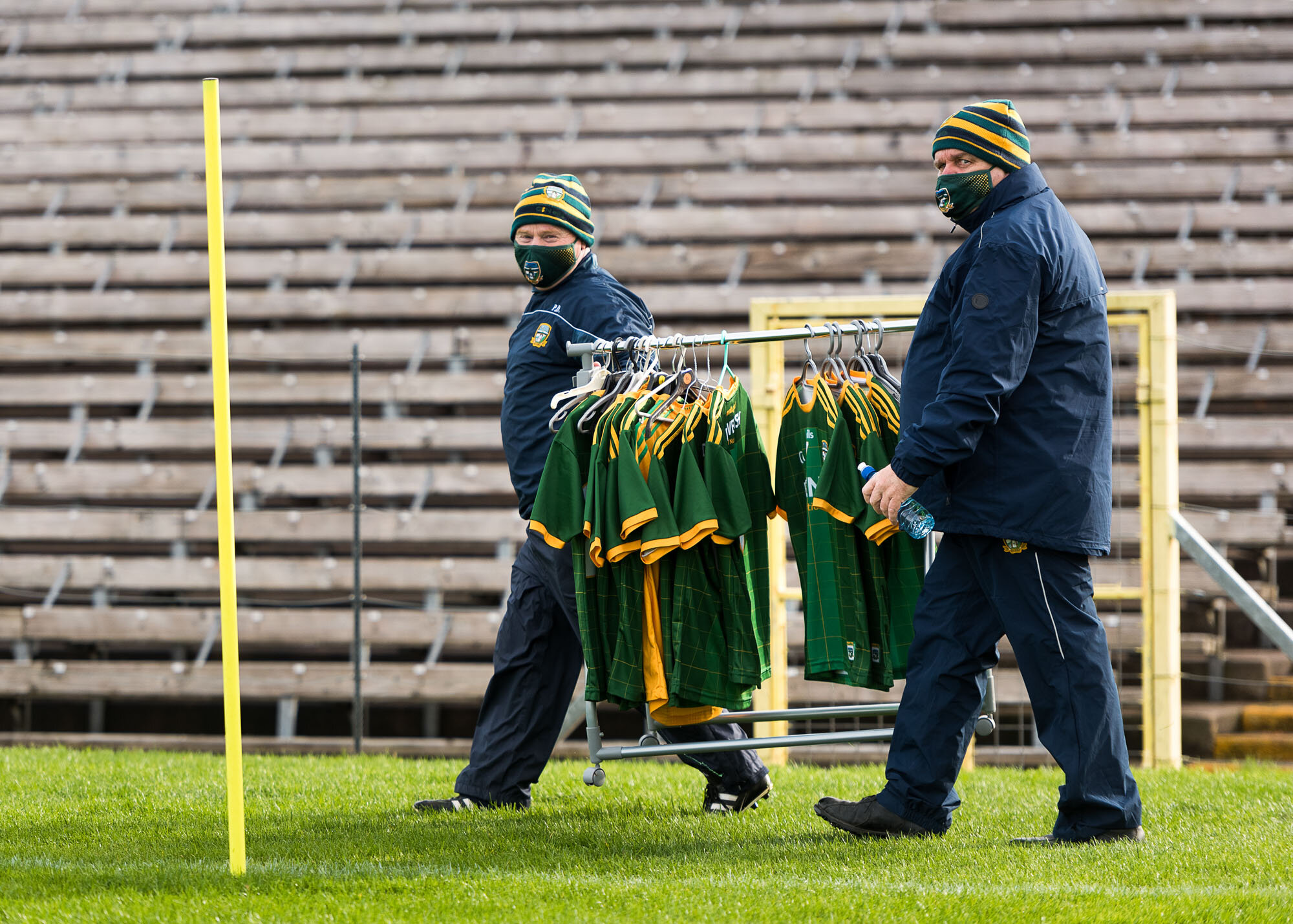 Paddy Doyle (Meath Legend / Kitman) arranges suitable attire for the Meath Senior Players before taking on Monaghan - Div 1 League Final Game