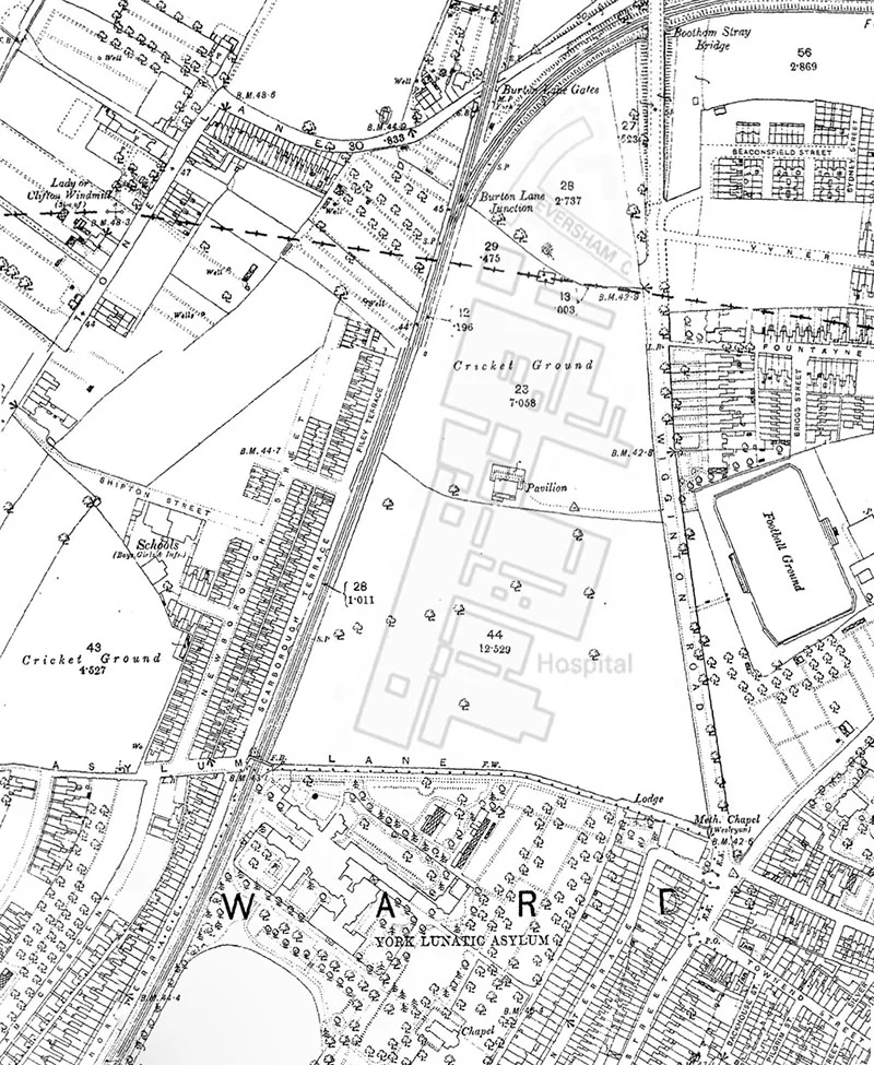 Map of Wigginton Road ground with outline of York District Hospital overlaid