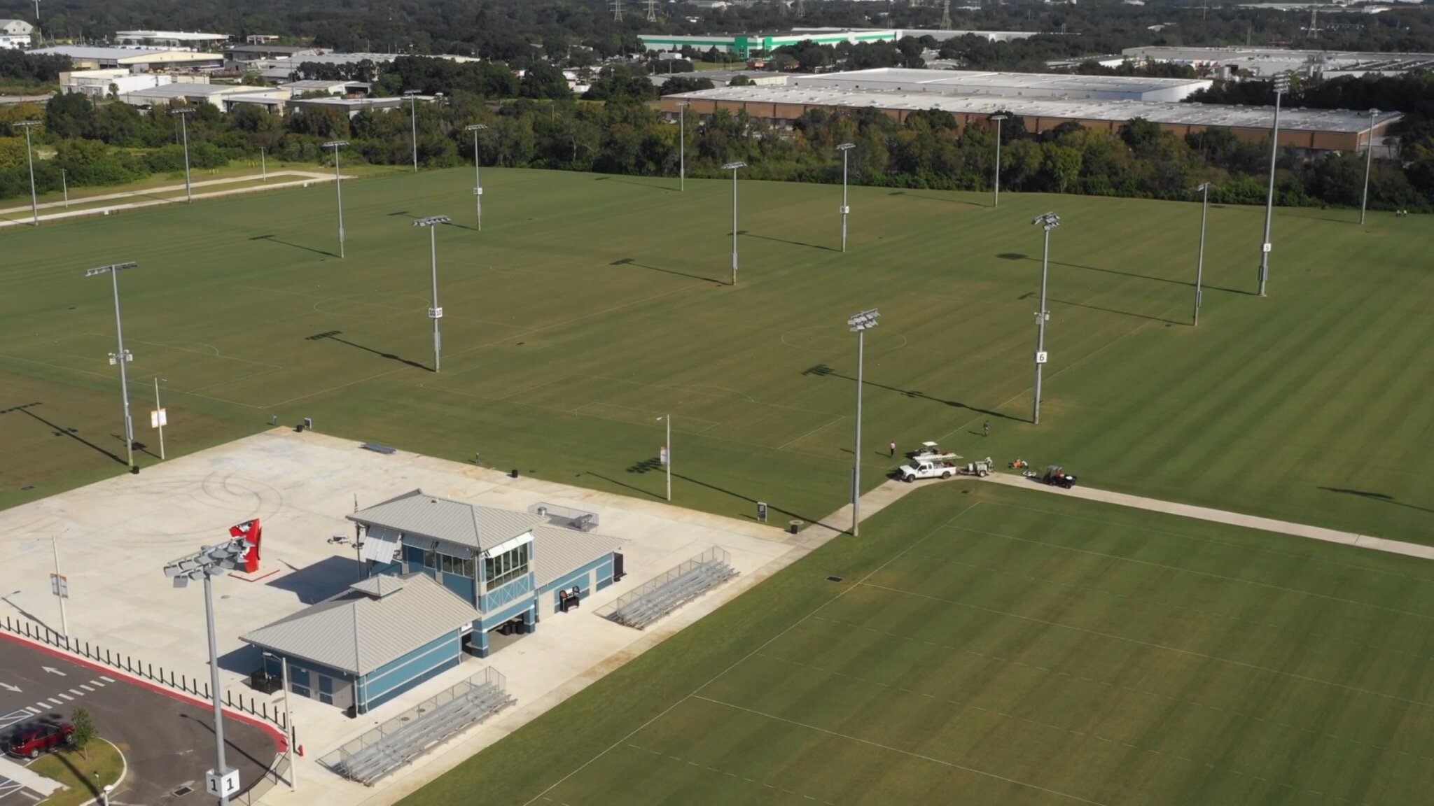 The fields and main entrance building are seen from an ariel view. 