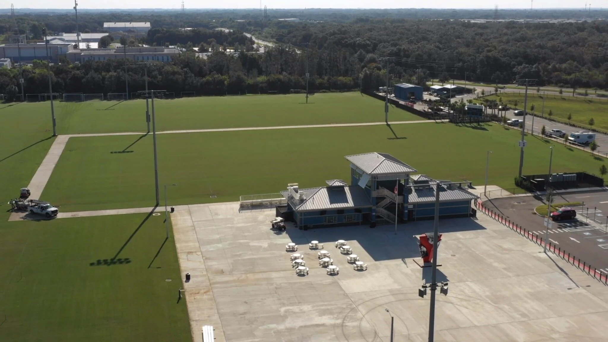 The field directly behind the main entrance is seen from an ariel view. 