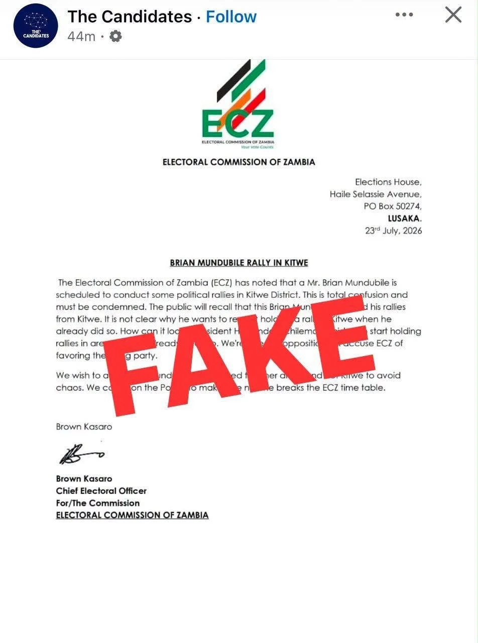 FAKE: This "Letter" on a Mundubile Kitwe Rally Did Not Come From the ECZ