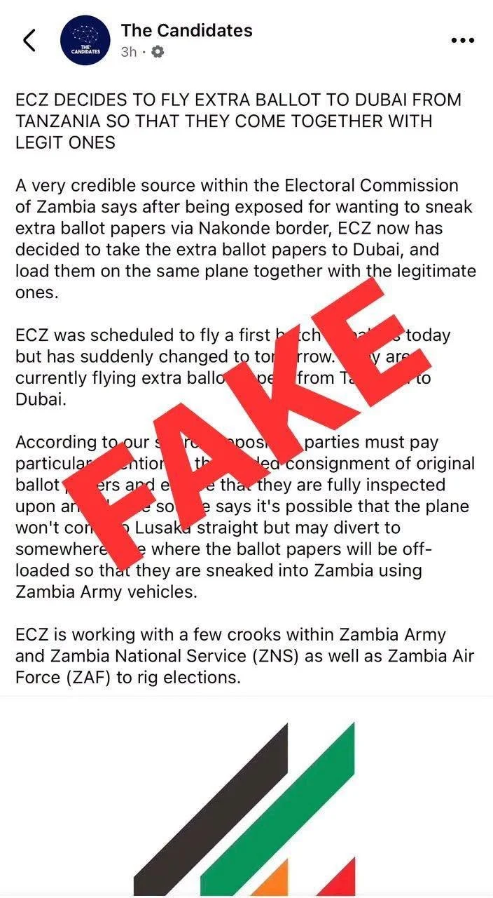 FALSE: This "letter" on the shipment of ballots from Dubai to Zambia did not come from the ECZ