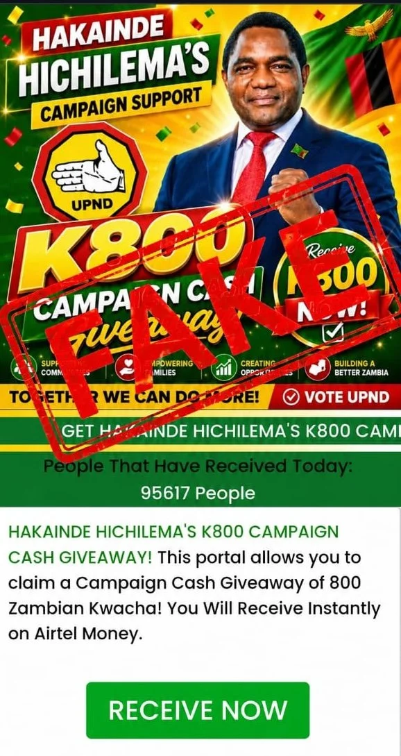 Fake 'UPND K800 Giveaway' Portal in Circulation