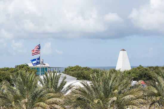 Photo taken near a beach of palm trees and American flag