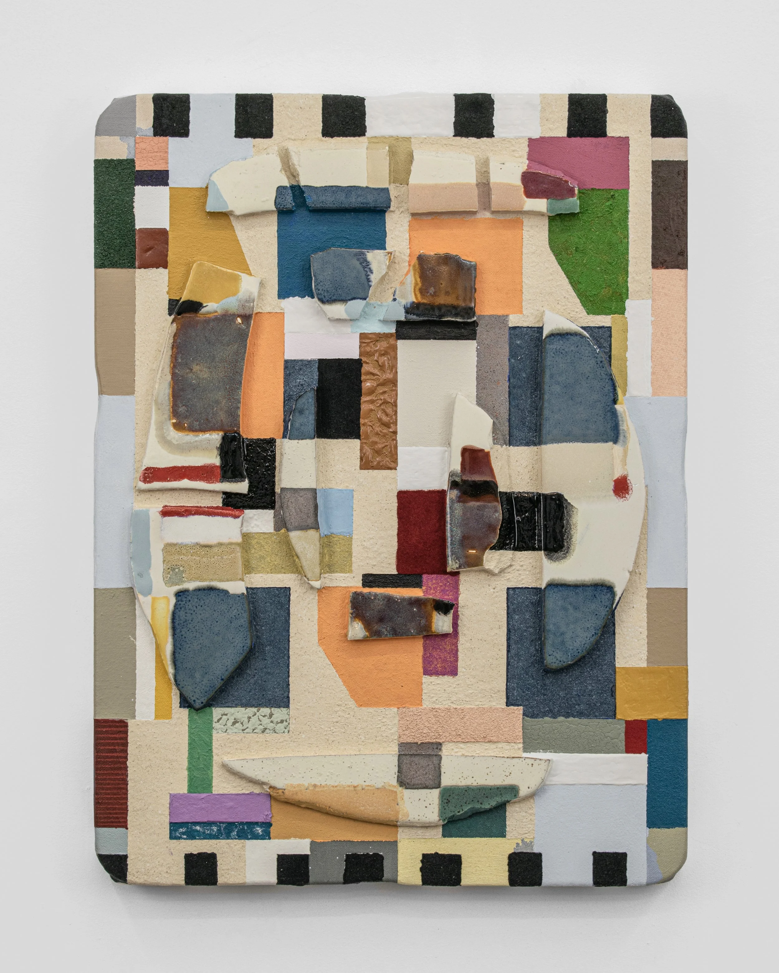 Revisiting the Roman Walls, 2026
Acrylic, oil, vinyl paint, flock, ink, oil pastel, sand, salt, resin, gouache, and ceramics on canvas
24 x 18 1/4 x 2 3/4 inches.