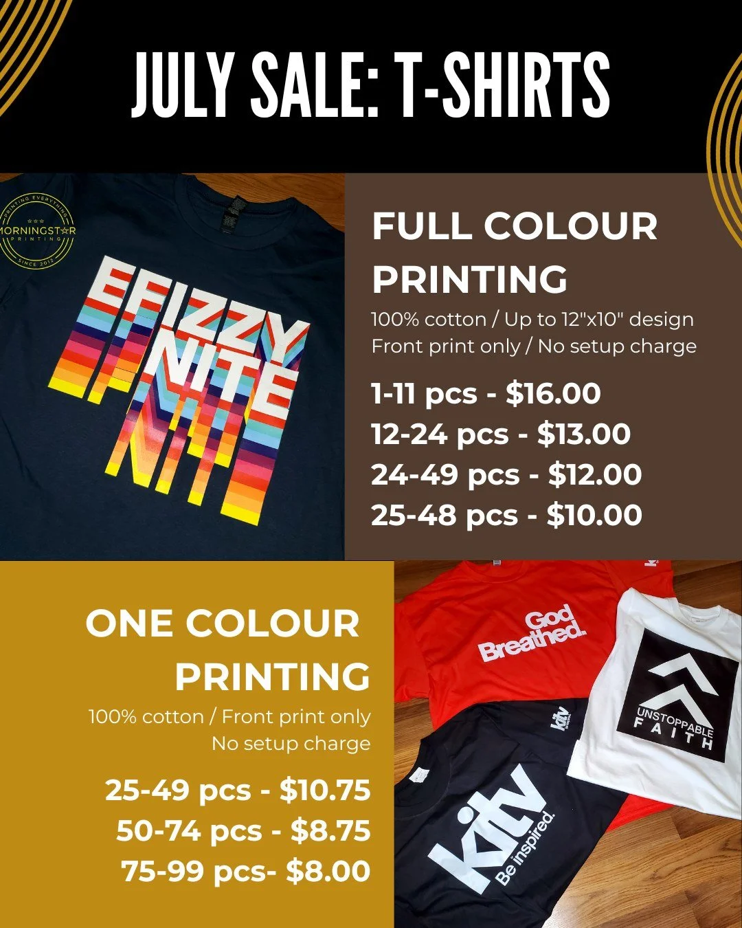 Sale ends July 31st, 2026! If you need custom t-shirts for your summer camp, your business, or even a family trip, we've got you covered. Call or email Morningstar Printing to order! (By the way, these kinds of sales are normally just shared with our