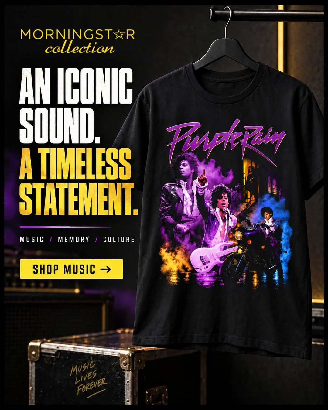 An iconic sound. A timeless statement. 

Wear the music, memory and culture that never leave the rotation. 

Explore the Music selection from the Morningstar Collection. 

 #MorningstarCollection #PurpleRain #MusicInspired #GraphicTee #MusicAndStyle 