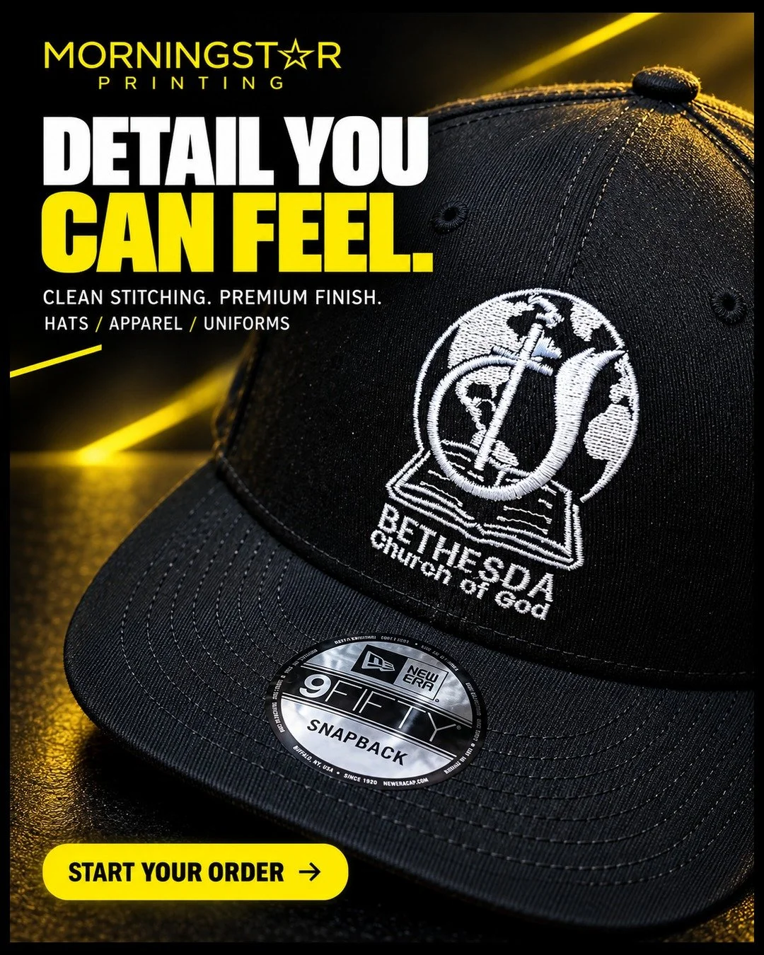 Detail you can feel. 

Clean stitching gives hats, uniforms and branded apparel a polished premium finish built for repeat wear. 

Start your embroidery order through our online order form. 

 #MorningstarPrinting #CustomEmbroidery #EmbroideredHats #