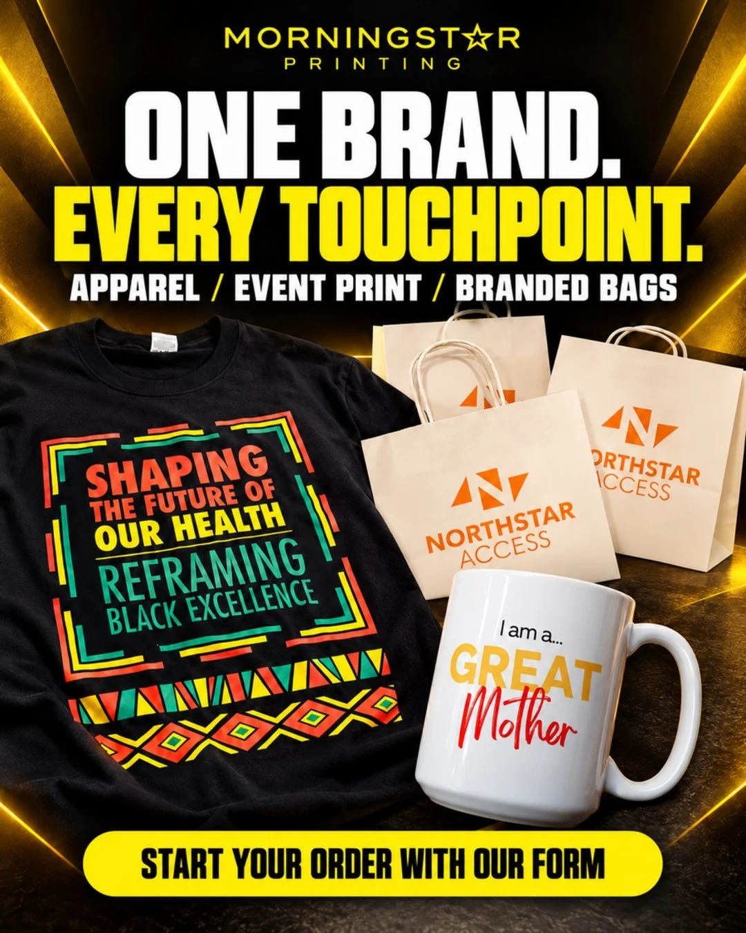 Your brand should feel connected everywhere it appears.

From printed apparel and branded bags to custom mugs, Morningstar Printing helps Toronto and GTA businesses coordinate multiple products through one reliable point of contact.

Start your order