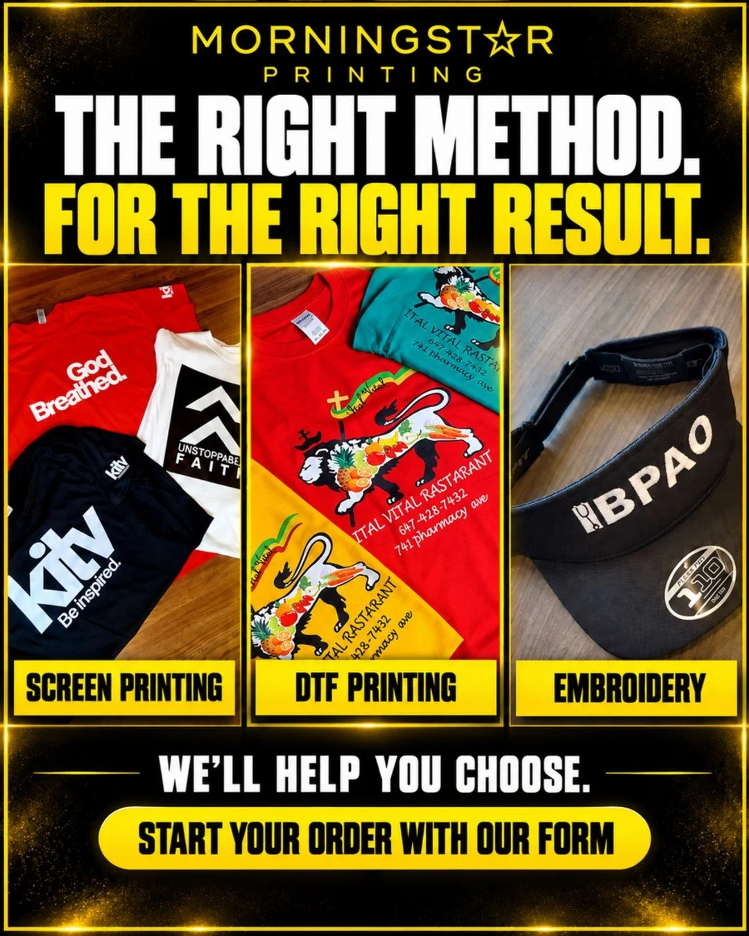 The right print method depends on your artwork, garment, quantity and intended use.

Screen printing delivers bold results. DTF handles detailed, full-colour artwork. Embroidery adds texture and a professional finish.

Not sure which option fits your