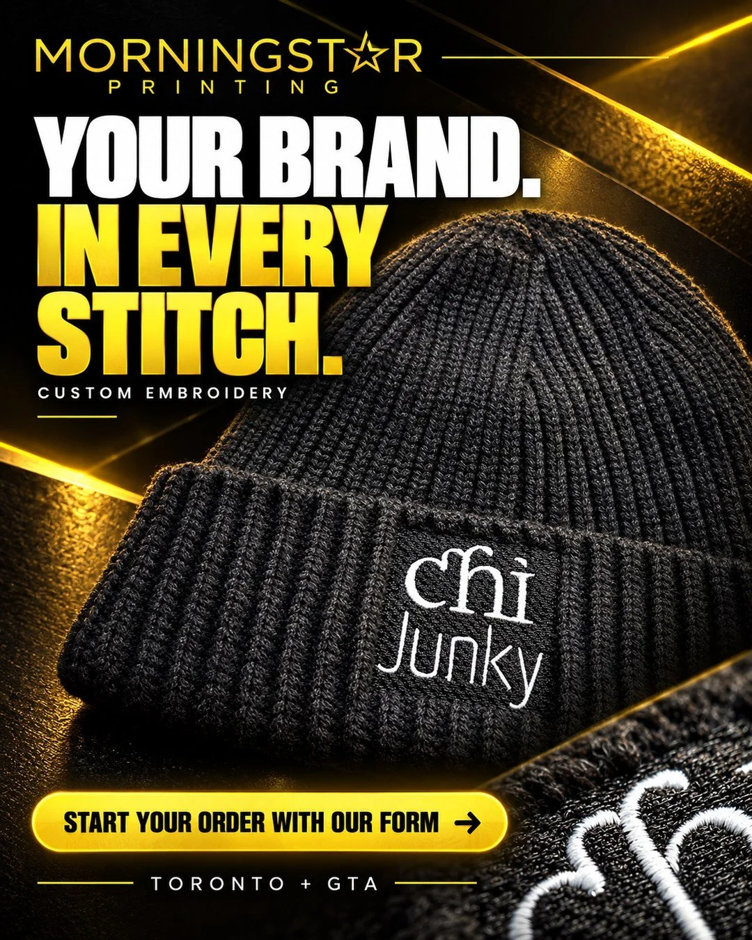 Your brand. In every stitch.

A closer look at the embroidered Chi Junky knit beanie&mdash;real customer work with a finish you can feel.

Morningstar Printing helps Toronto and GTA businesses find embroidery options for headwear, uniforms, and brand