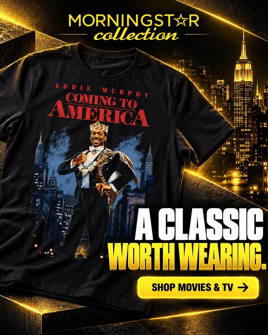 A classic worth wearing.

Bring a little movie nostalgia to your wardrobe with the Coming to America tee from the Morningstar Collection.

For the films&mdash;and characters&mdash;you still love.

Shop this tee:
https://www.morningstarprinting.com/co