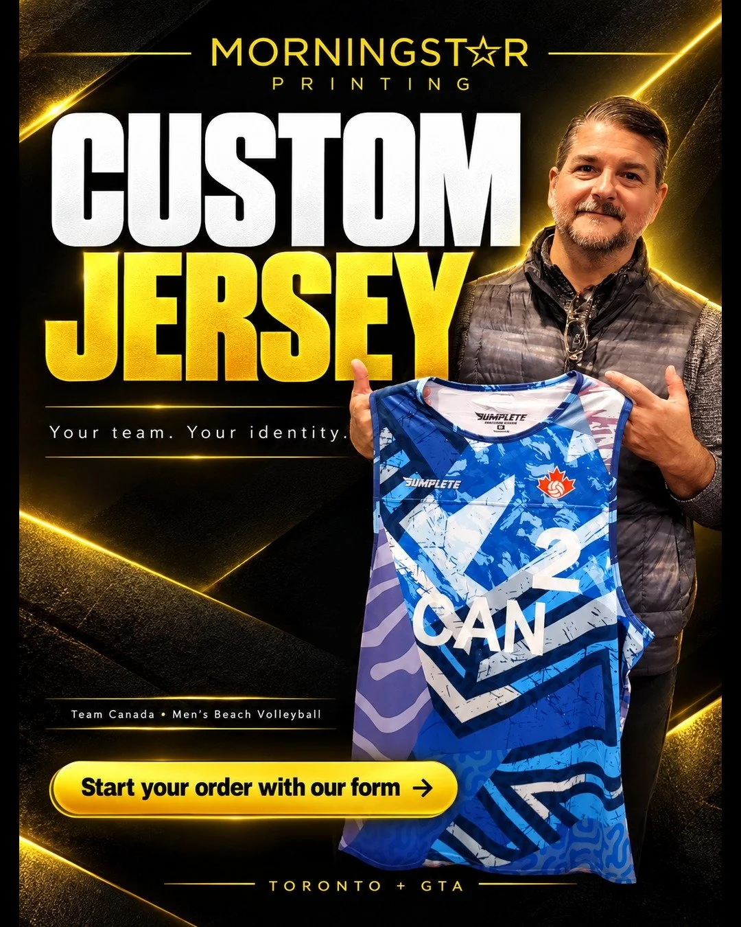 Your team. Your identity.

A closer look at this Team Canada men&rsquo;s beach volleyball jersey, featuring its blue design and team details.

Morningstar Printing helps Toronto and GTA teams and organizations source custom jerseys for their needs.

