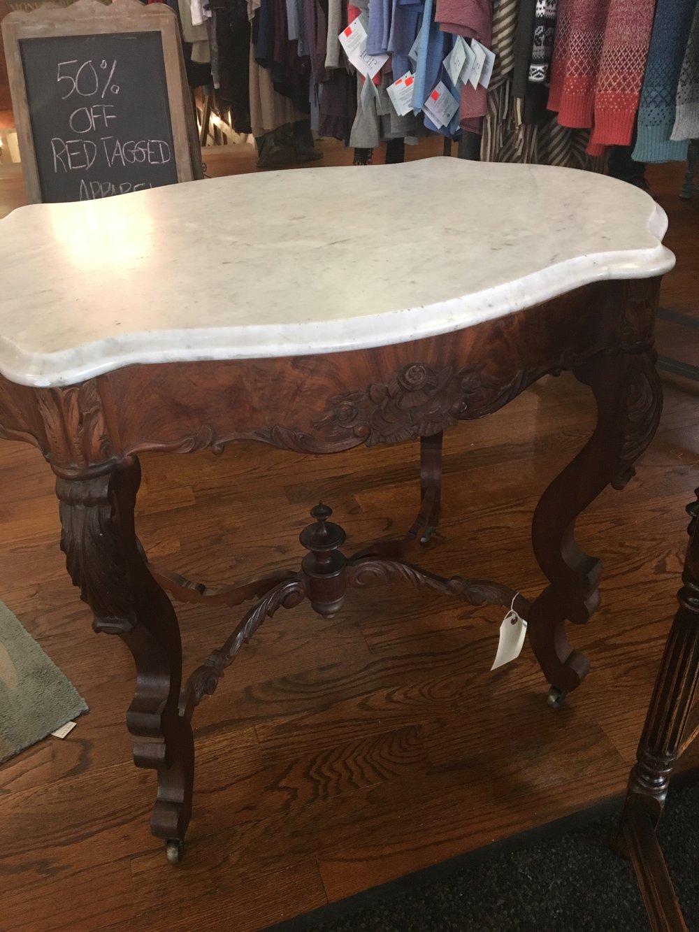 Victorian walnut occasional table with marble top.  Pristine!.JPG