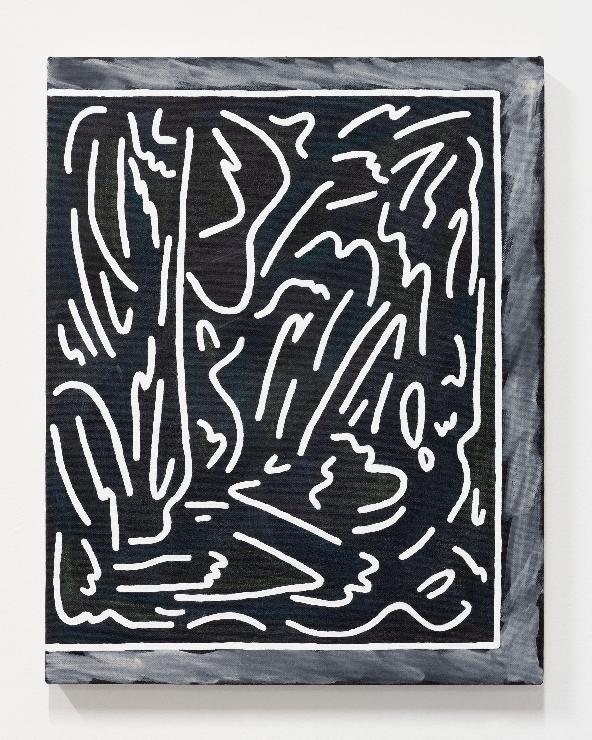   Many Views  2026 Acrylic, flashe, glue, and colored pencil on canvas 20” x 16” 