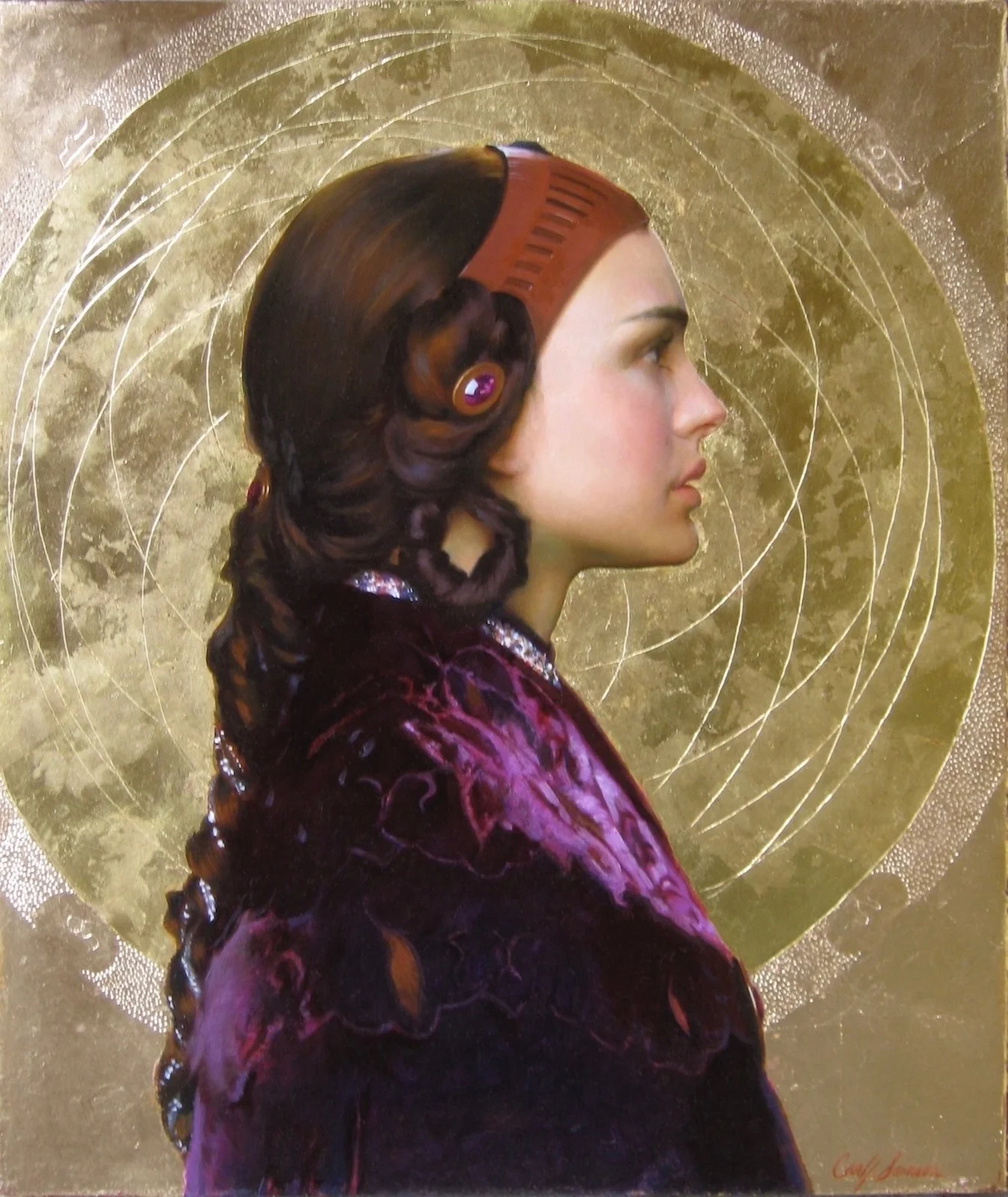 Portrait of Natalie Portman as Padmé Amidala Resplendent with Naboo Mandala , 24" x 20”, oil and gold leaf on chestnut panel, collection of George Lucas, LucasFilm Ltd.