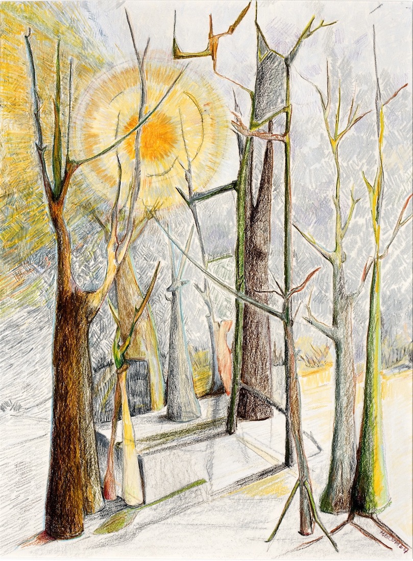 “Treescape 1”, prisma color on bristol, 18”H x 14”W, 2009