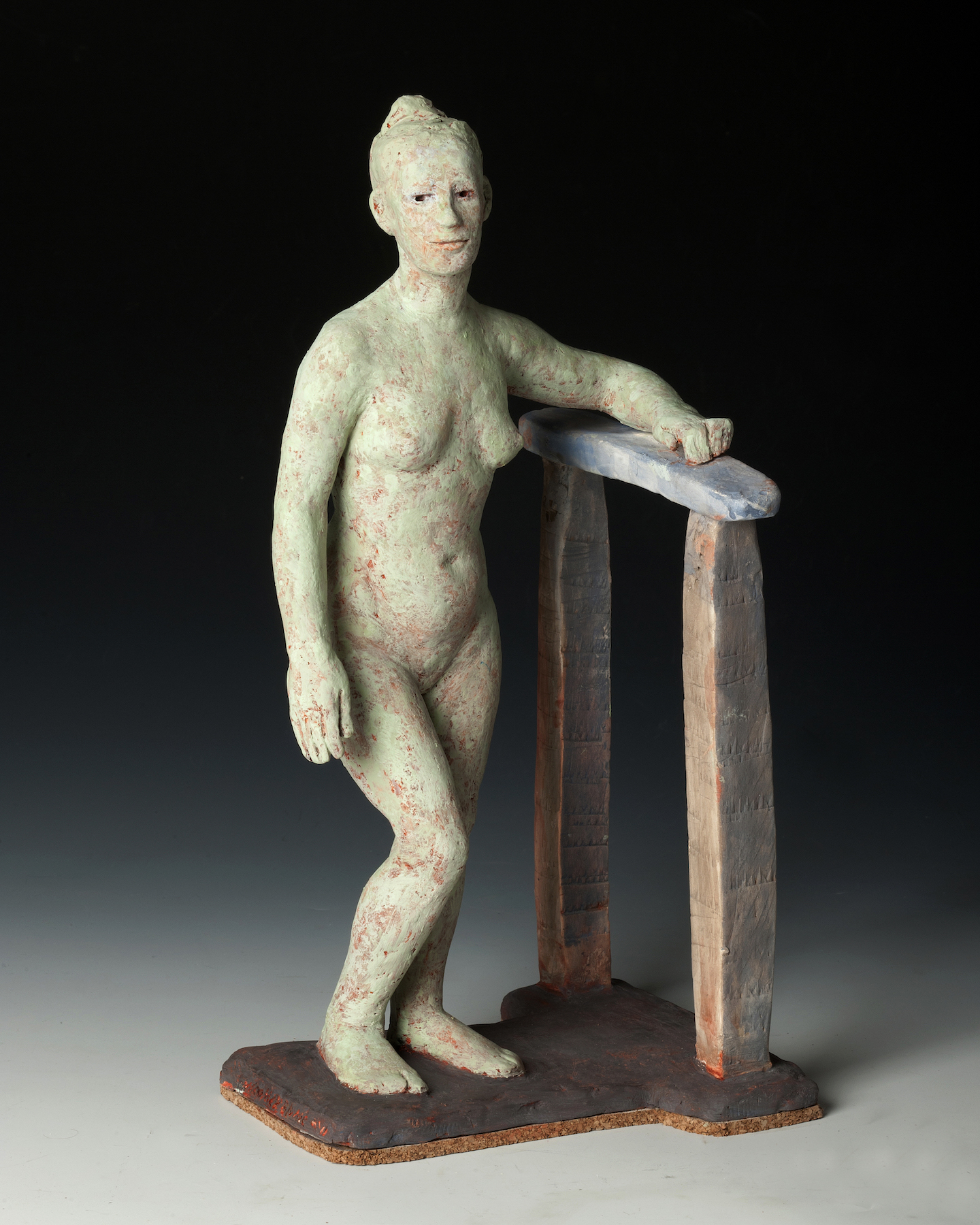 “Leaning on the Past”, polychromed terra cotta, 12”H x x 7”W x 5.5”D, 2013