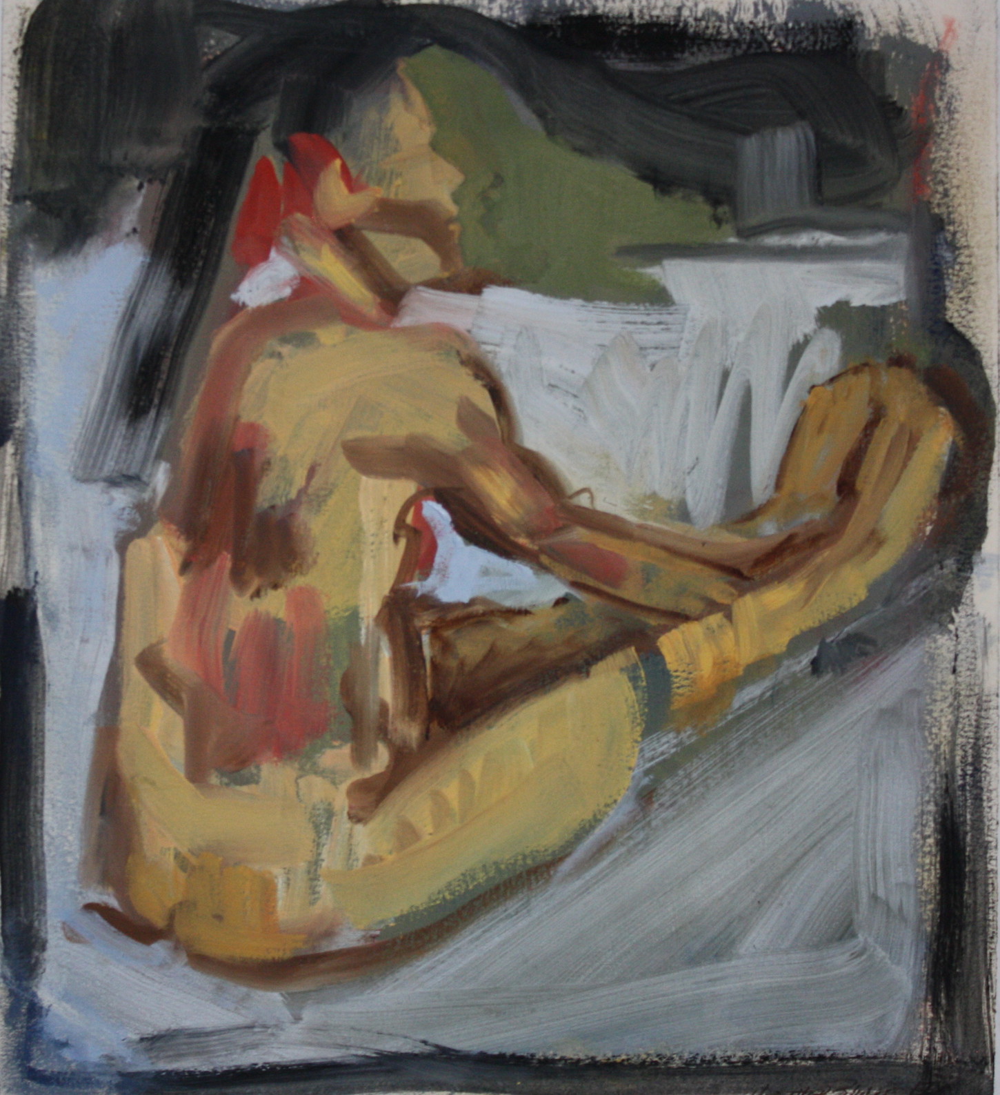 “Basking”,oil on primed paper, 9”H x 10”W, 17