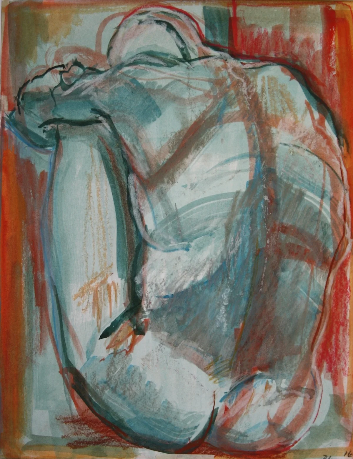 “Red, White, and Feeling Blue”,gouache on hot press paper, 10”H x 8”W, 16