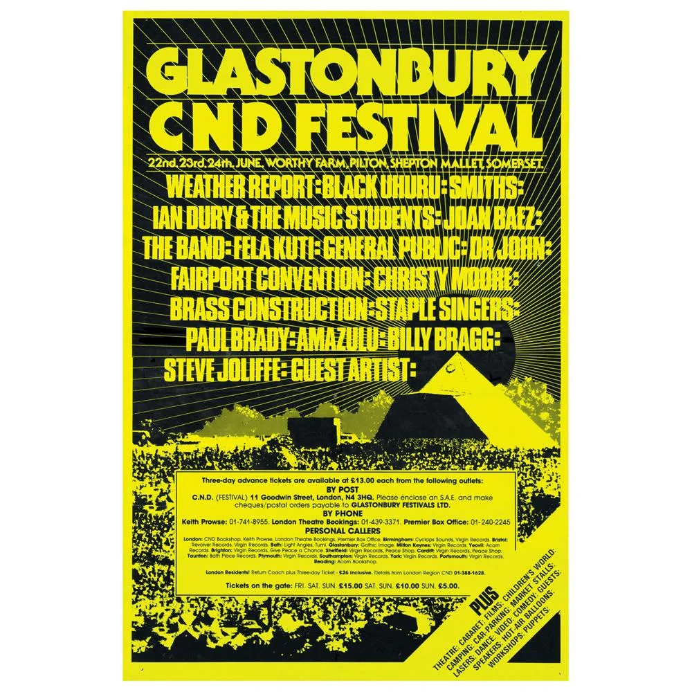 Glastonbury poster 1984 - Glastonbury had a strong hippie and free-movement influence and still showcases not only music but theatre, art, comedy, circus and more.