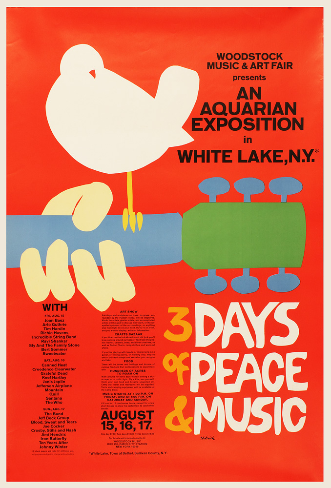 An iconic poster for Woodstock '69. This American festival aired in 1969 on a diary farm and attracted an audience over 400,000.
