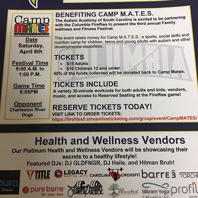 Come by and check out the Baseline Fitness booth and have a chance to win a free year membership and other prizes. Admission gets you free access to the game that night! #baselinefitnesssc @campmates #columbiasc