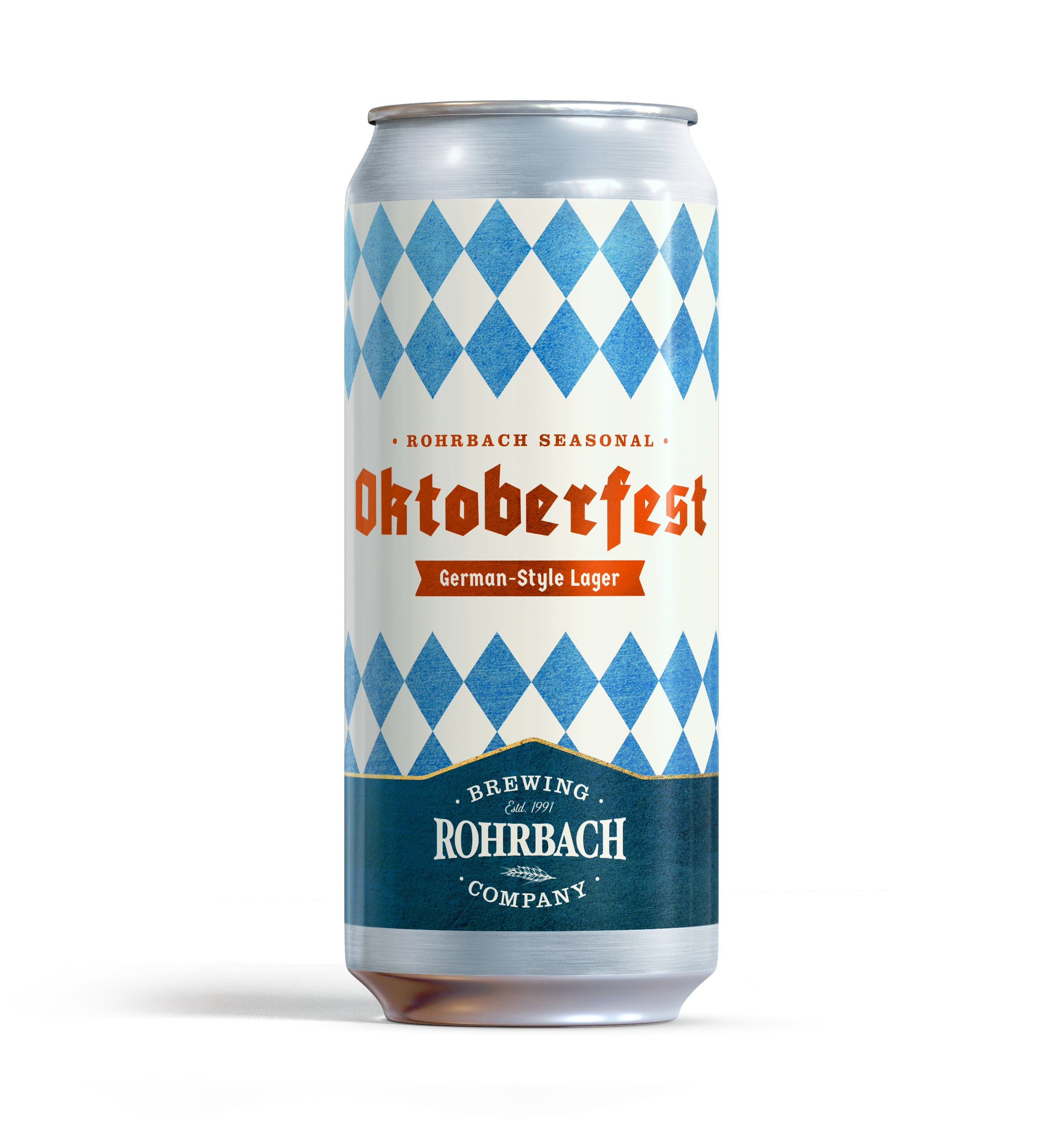 A can of Rohrbach Oktoberfest beer with blue and white diamond pattern, red and blue text, and a silver top.