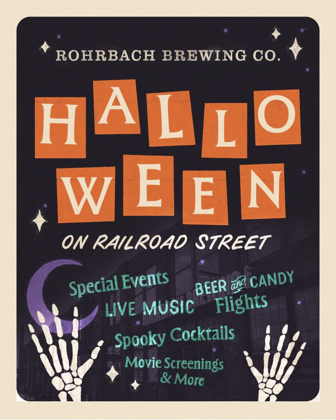Vintage Halloween graphic with orange lettering, purple moon, skeleton hands, and Railroad Street backdrop.